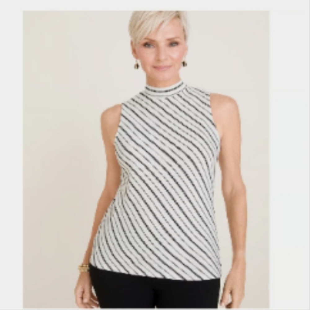 2635) Chico's White & Black Striped Mock Neck Tank Size Large